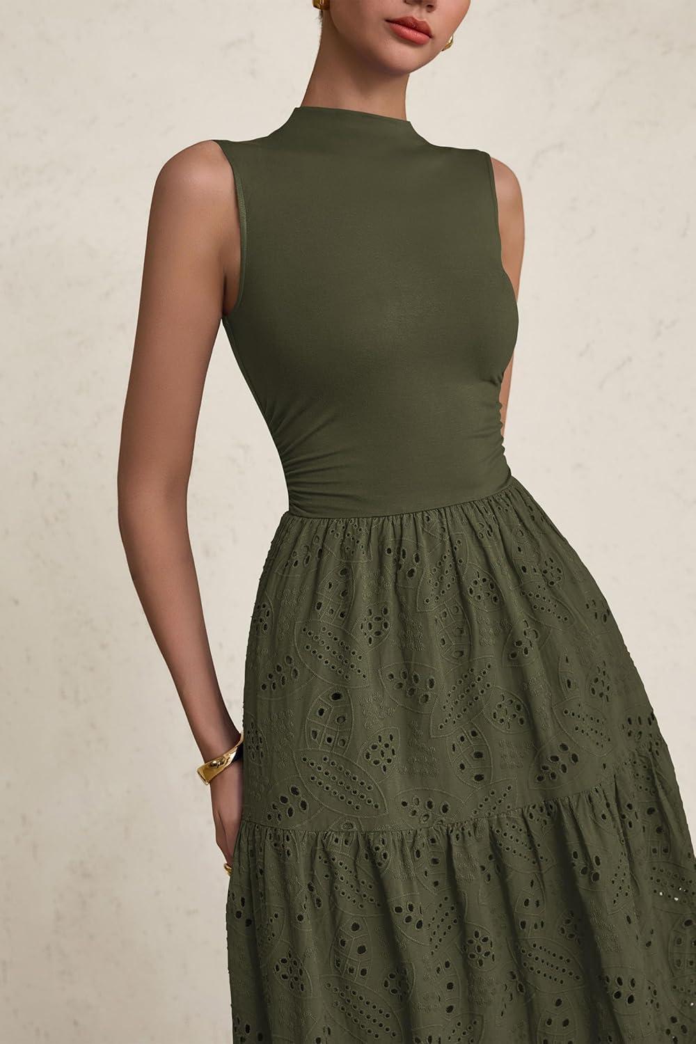 imagePRETTYGARDEN Summer Dresses for Women 2026 Casual Eyelet Sleeveless Wedding Guest Maxi Dress Tank Top Sundress with PocketsArmy Green