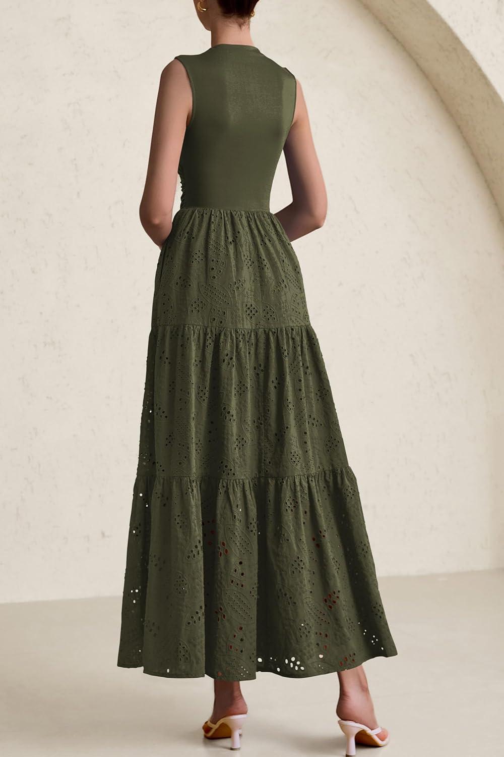 imagePRETTYGARDEN Summer Dresses for Women 2026 Casual Eyelet Sleeveless Wedding Guest Maxi Dress Tank Top Sundress with PocketsArmy Green
