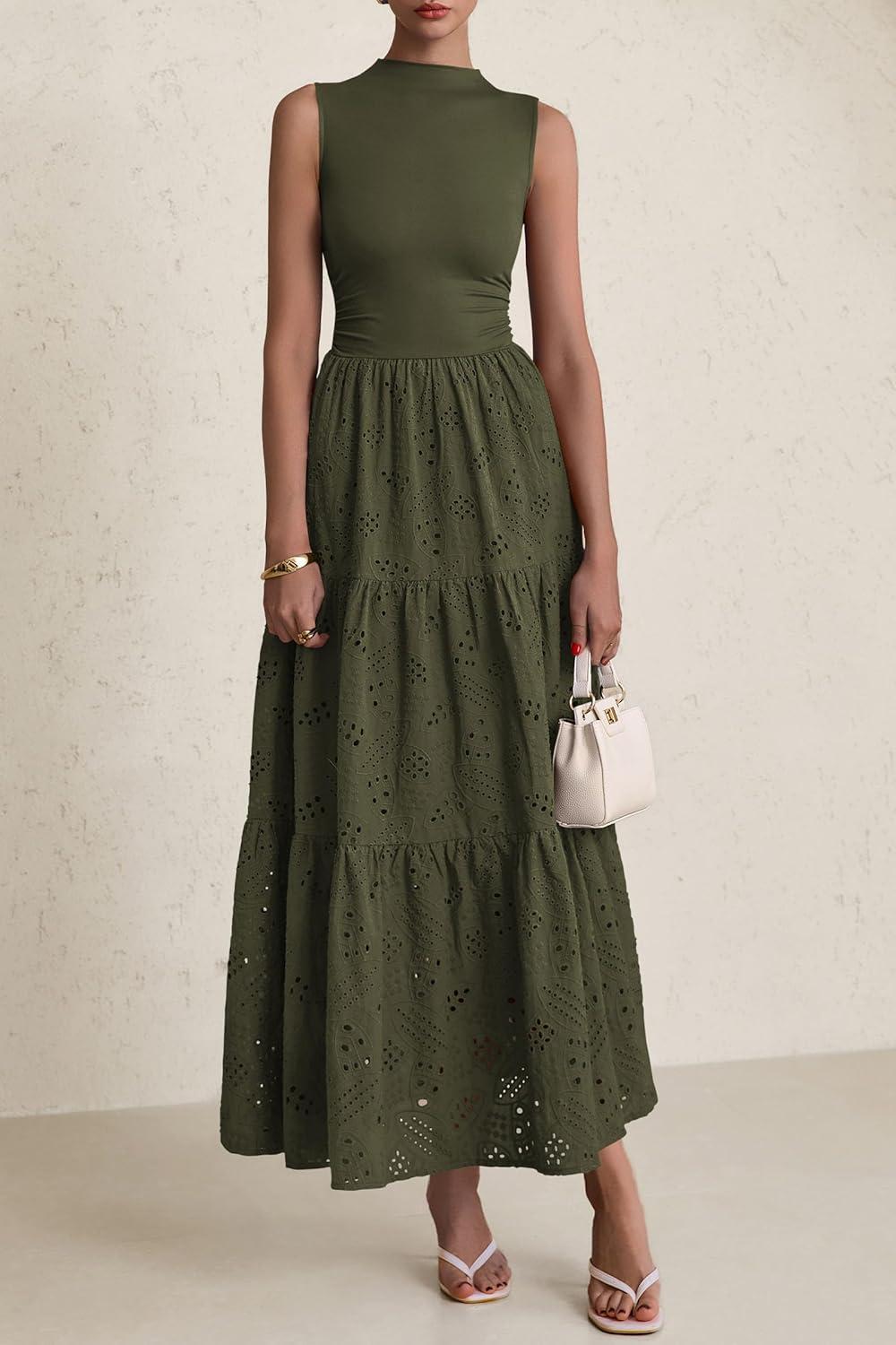 imagePRETTYGARDEN Summer Dresses for Women 2026 Casual Eyelet Sleeveless Wedding Guest Maxi Dress Tank Top Sundress with PocketsArmy Green