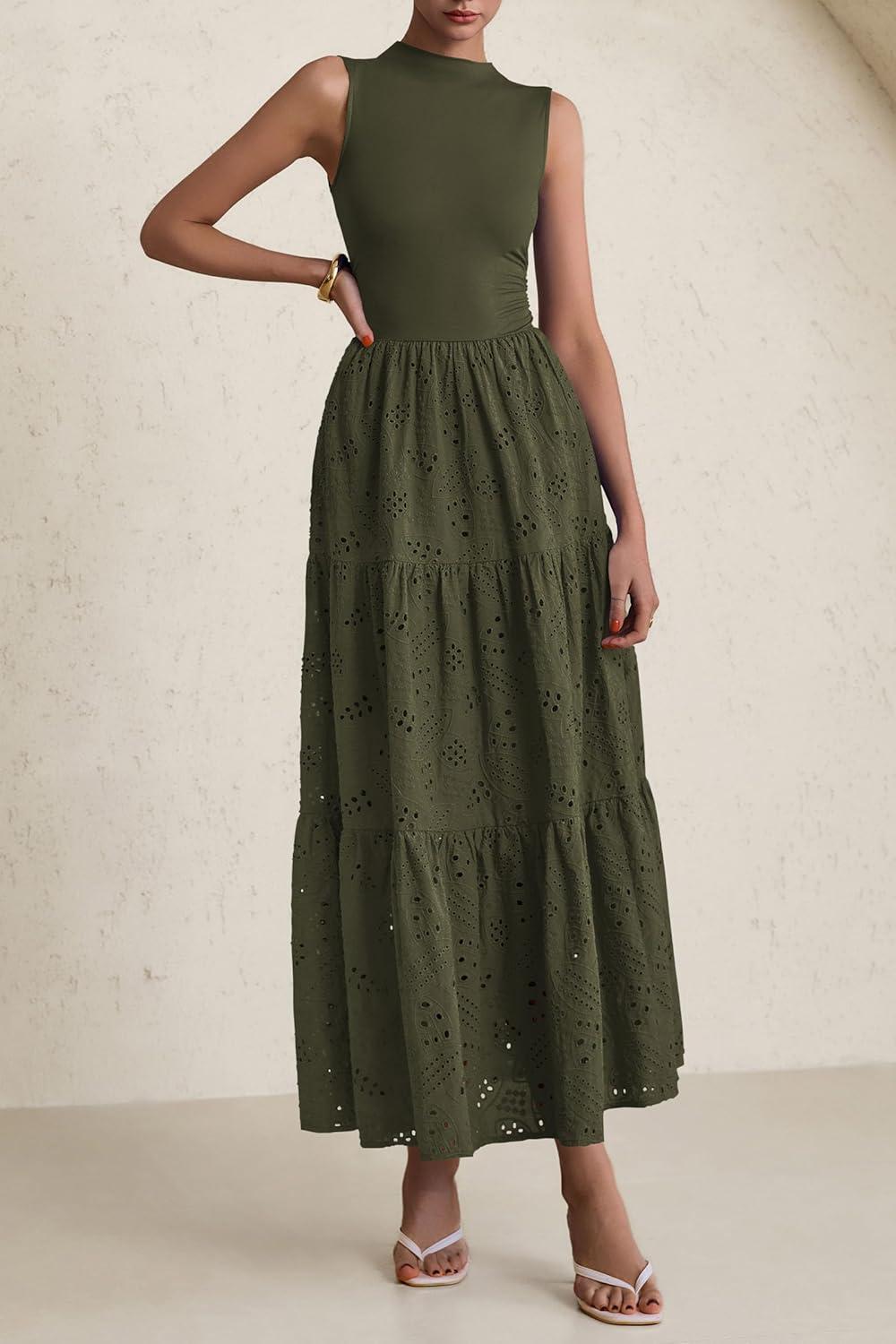 imagePRETTYGARDEN Summer Dresses for Women 2026 Casual Eyelet Sleeveless Wedding Guest Maxi Dress Tank Top Sundress with PocketsArmy Green
