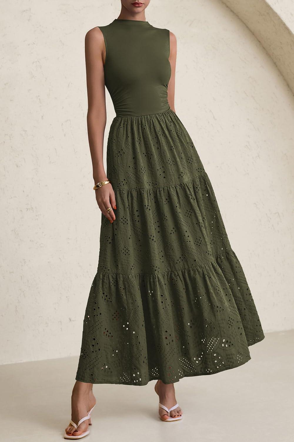 imagePRETTYGARDEN Summer Dresses for Women 2026 Casual Eyelet Sleeveless Wedding Guest Maxi Dress Tank Top Sundress with PocketsArmy Green