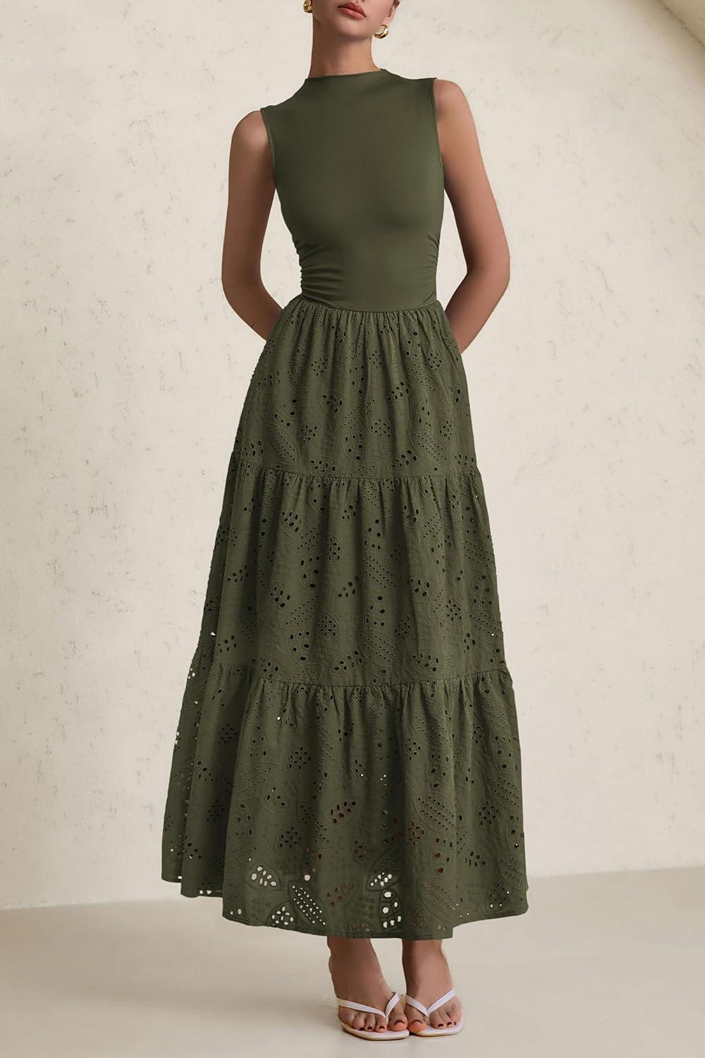 imagePRETTYGARDEN Summer Dresses for Women 2026 Casual Eyelet Sleeveless Wedding Guest Maxi Dress Tank Top Sundress with PocketsArmy Green