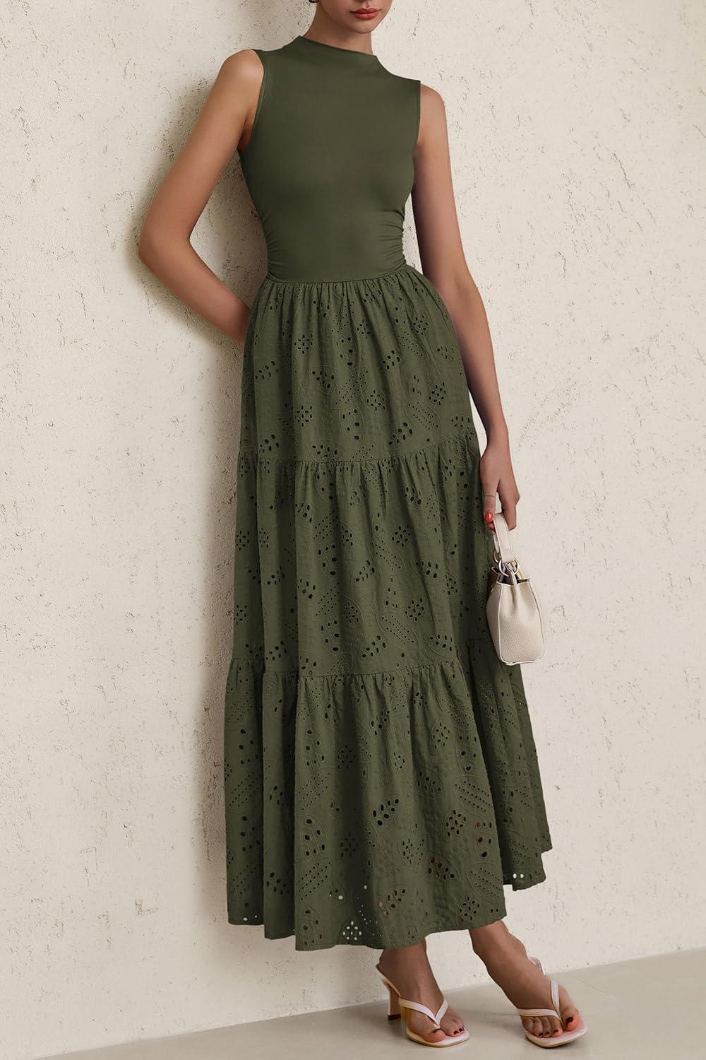 imagePRETTYGARDEN Summer Dresses for Women 2026 Casual Eyelet Sleeveless Wedding Guest Maxi Dress Tank Top Sundress with PocketsArmy Green