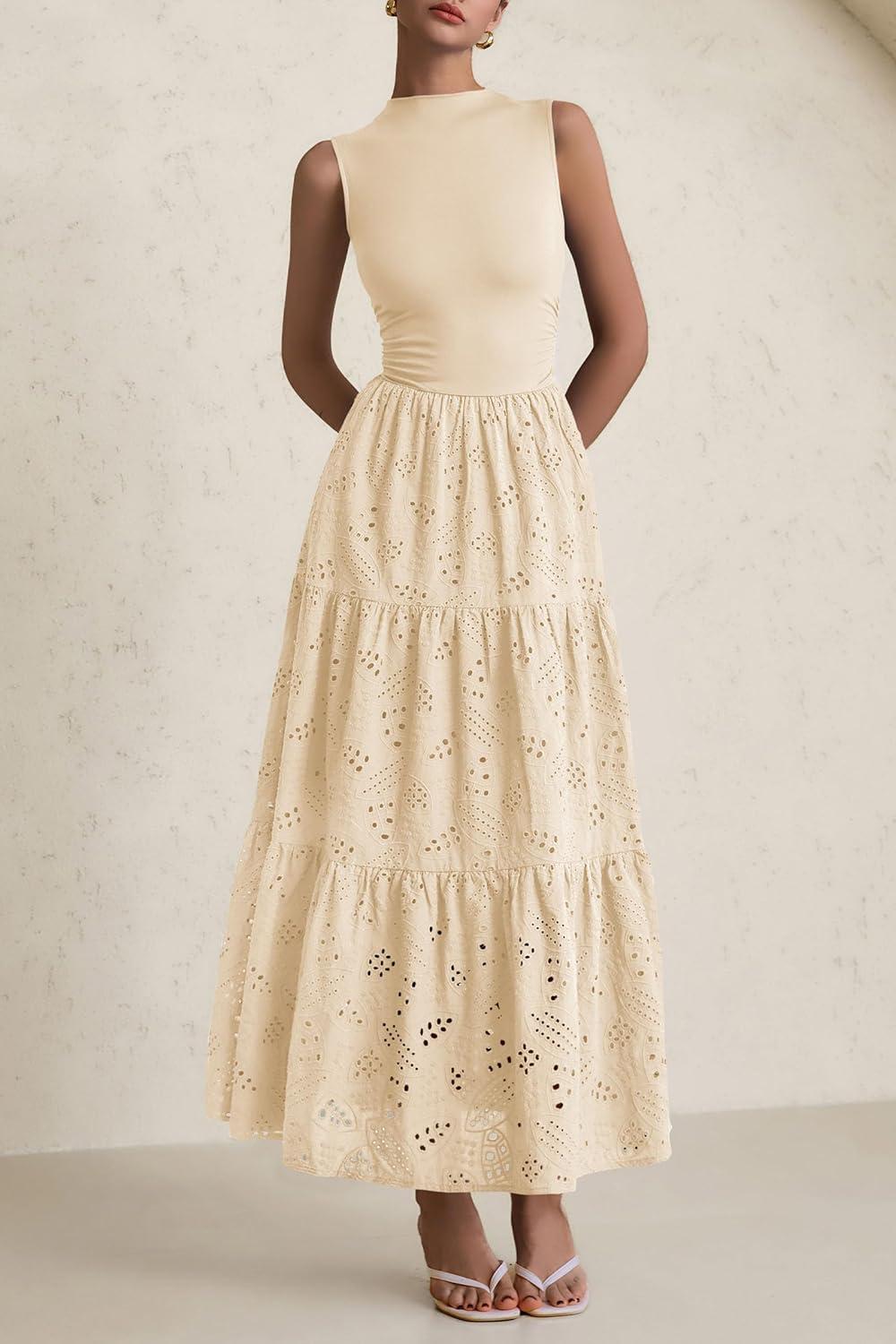 imagePRETTYGARDEN Summer Dresses for Women 2026 Casual Eyelet Sleeveless Wedding Guest Maxi Dress Tank Top Sundress with PocketsBeige
