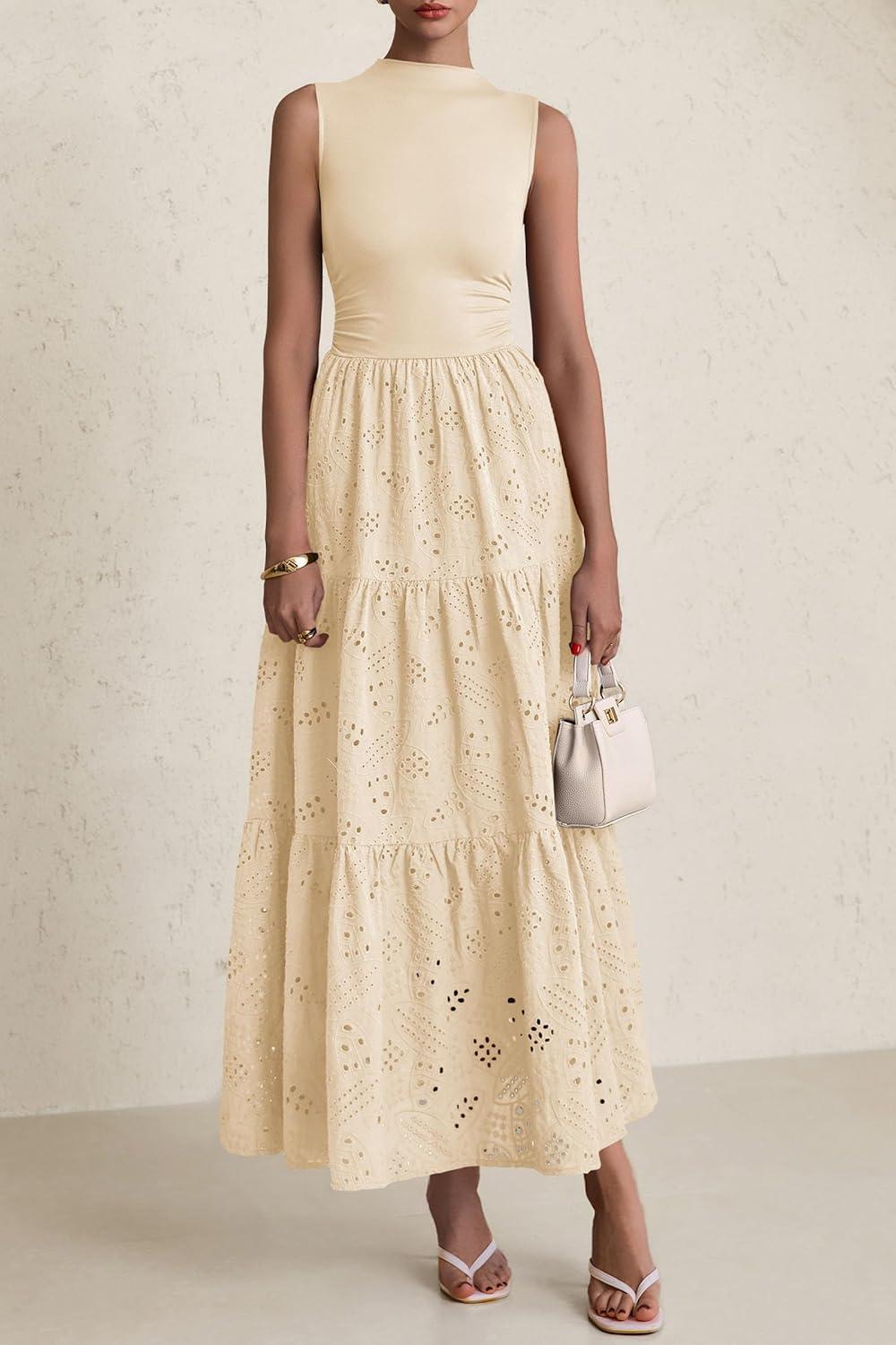 imagePRETTYGARDEN Summer Dresses for Women 2026 Casual Eyelet Sleeveless Wedding Guest Maxi Dress Tank Top Sundress with PocketsBeige