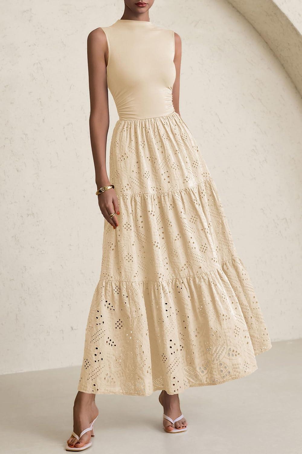 imagePRETTYGARDEN Summer Dresses for Women 2026 Casual Eyelet Sleeveless Wedding Guest Maxi Dress Tank Top Sundress with PocketsBeige