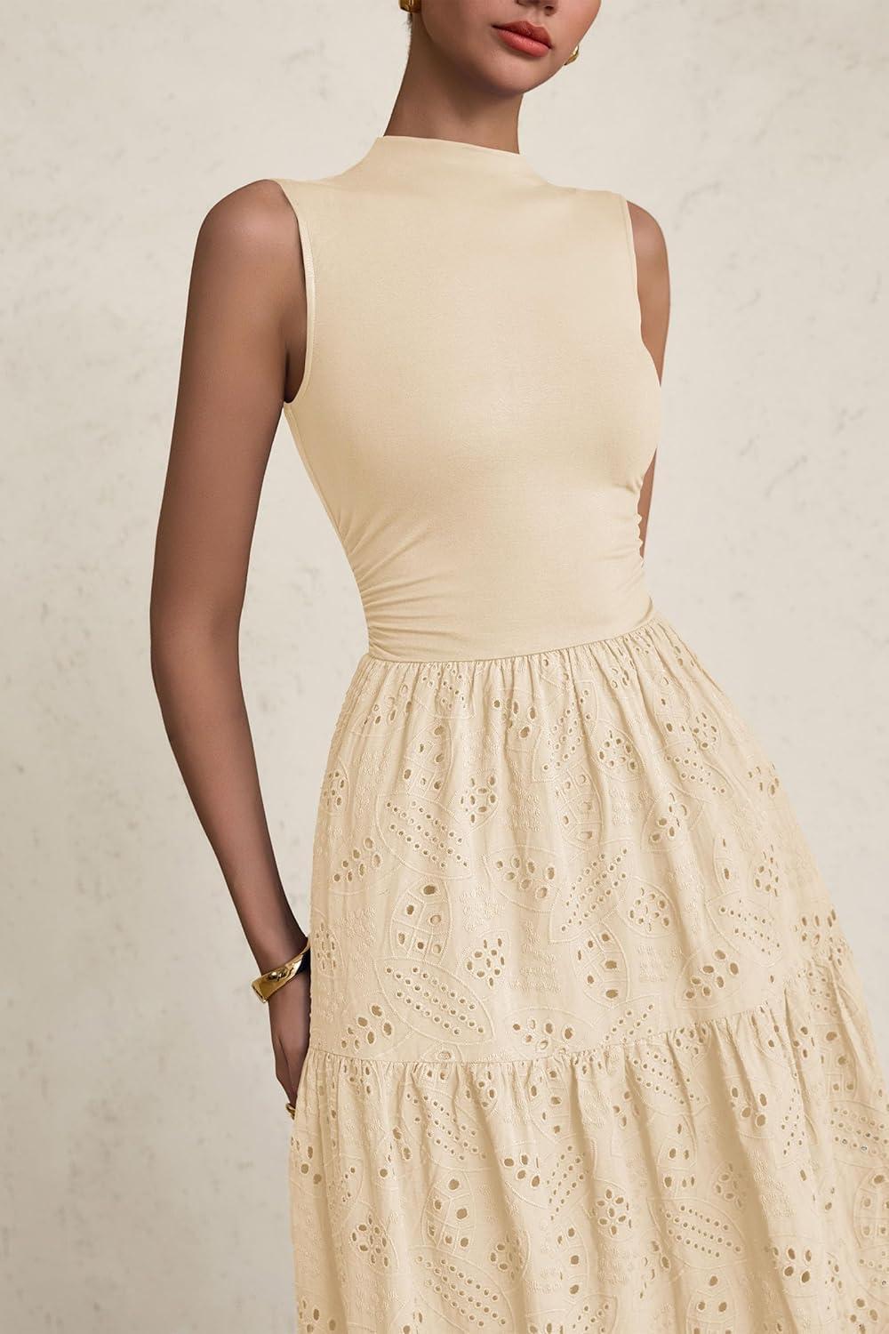 imagePRETTYGARDEN Summer Dresses for Women 2026 Casual Eyelet Sleeveless Wedding Guest Maxi Dress Tank Top Sundress with PocketsBeige