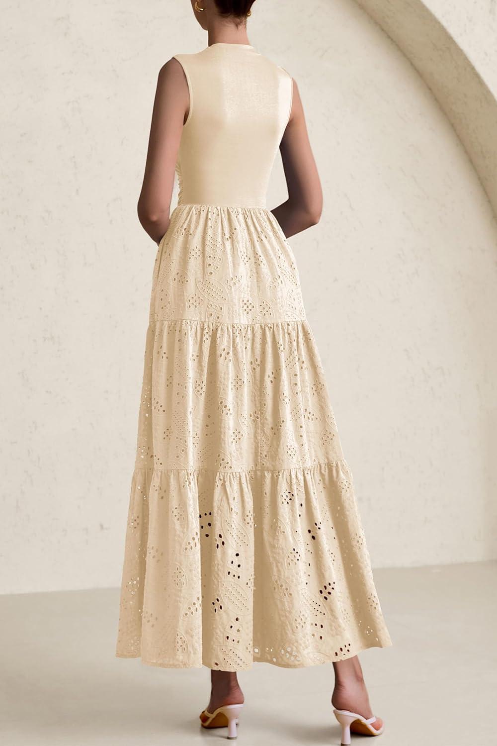 imagePRETTYGARDEN Summer Dresses for Women 2026 Casual Eyelet Sleeveless Wedding Guest Maxi Dress Tank Top Sundress with PocketsBeige
