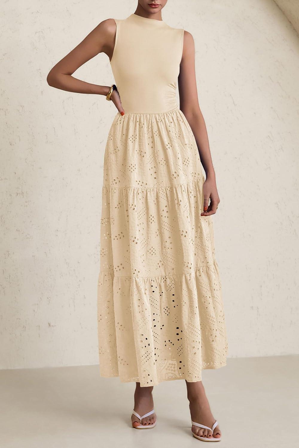imagePRETTYGARDEN Summer Dresses for Women 2026 Casual Eyelet Sleeveless Wedding Guest Maxi Dress Tank Top Sundress with PocketsBeige