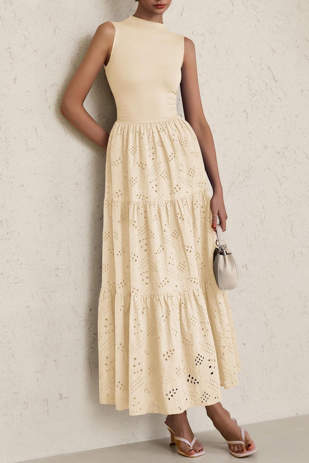 imagePRETTYGARDEN Summer Dresses for Women 2026 Casual Eyelet Sleeveless Wedding Guest Maxi Dress Tank Top Sundress with PocketsBeige