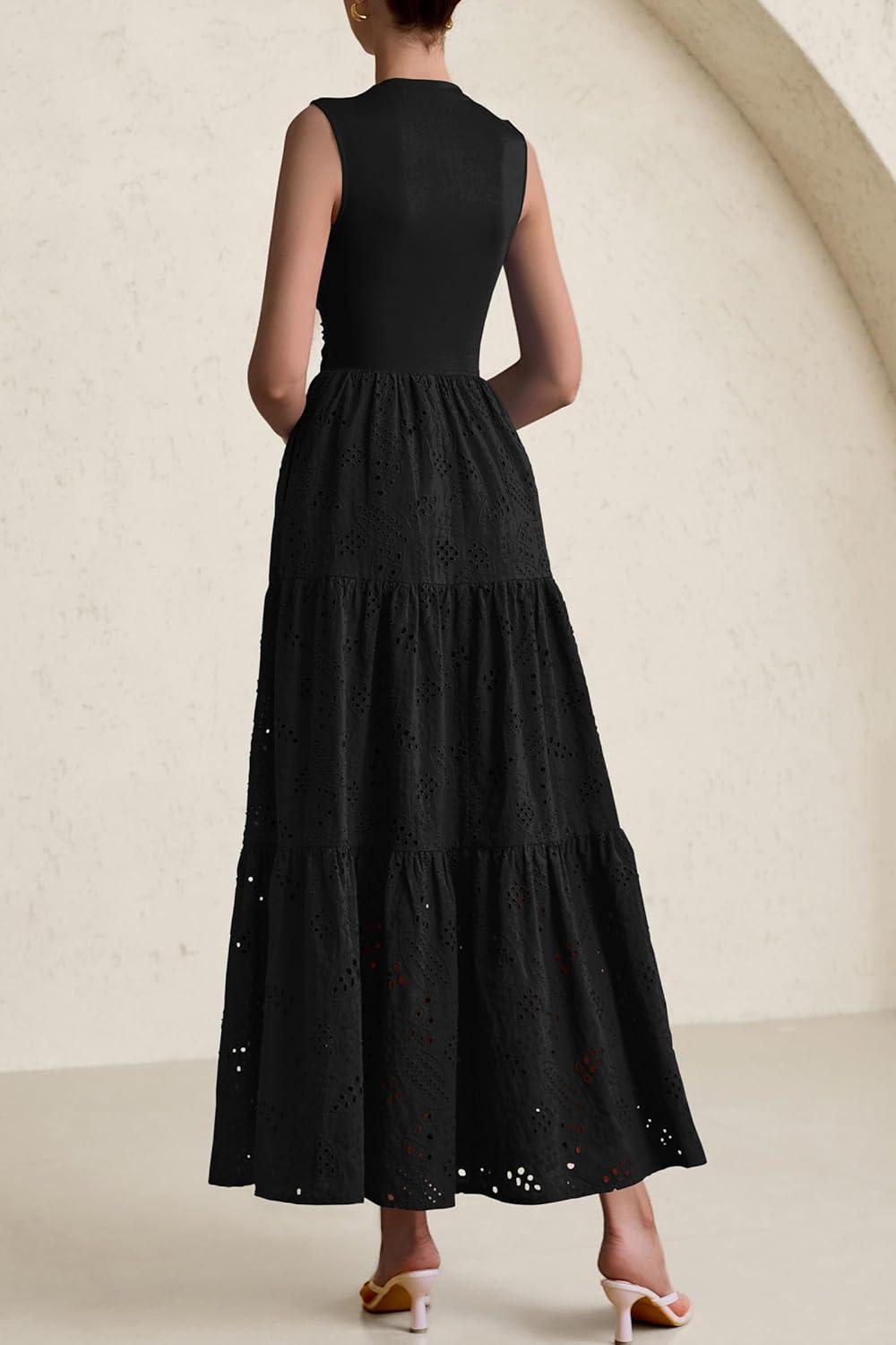 imagePRETTYGARDEN Summer Dresses for Women 2026 Casual Eyelet Sleeveless Wedding Guest Maxi Dress Tank Top Sundress with PocketsBlack