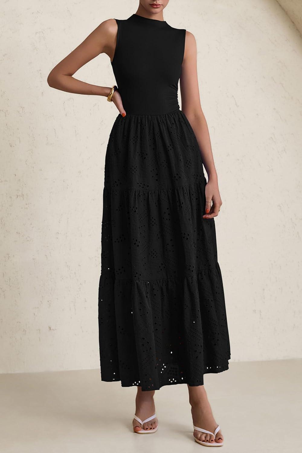 imagePRETTYGARDEN Summer Dresses for Women 2026 Casual Eyelet Sleeveless Wedding Guest Maxi Dress Tank Top Sundress with PocketsBlack