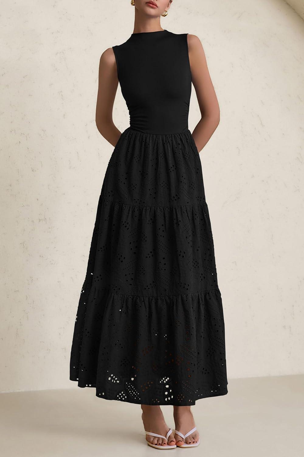imagePRETTYGARDEN Summer Dresses for Women 2026 Casual Eyelet Sleeveless Wedding Guest Maxi Dress Tank Top Sundress with PocketsBlack