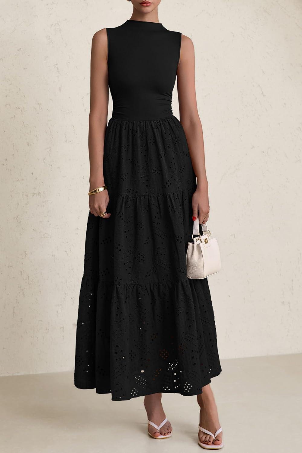 imagePRETTYGARDEN Summer Dresses for Women 2026 Casual Eyelet Sleeveless Wedding Guest Maxi Dress Tank Top Sundress with PocketsBlack