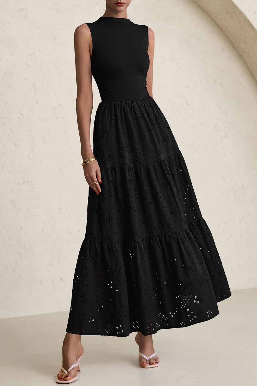 imagePRETTYGARDEN Summer Dresses for Women 2026 Casual Eyelet Sleeveless Wedding Guest Maxi Dress Tank Top Sundress with PocketsBlack