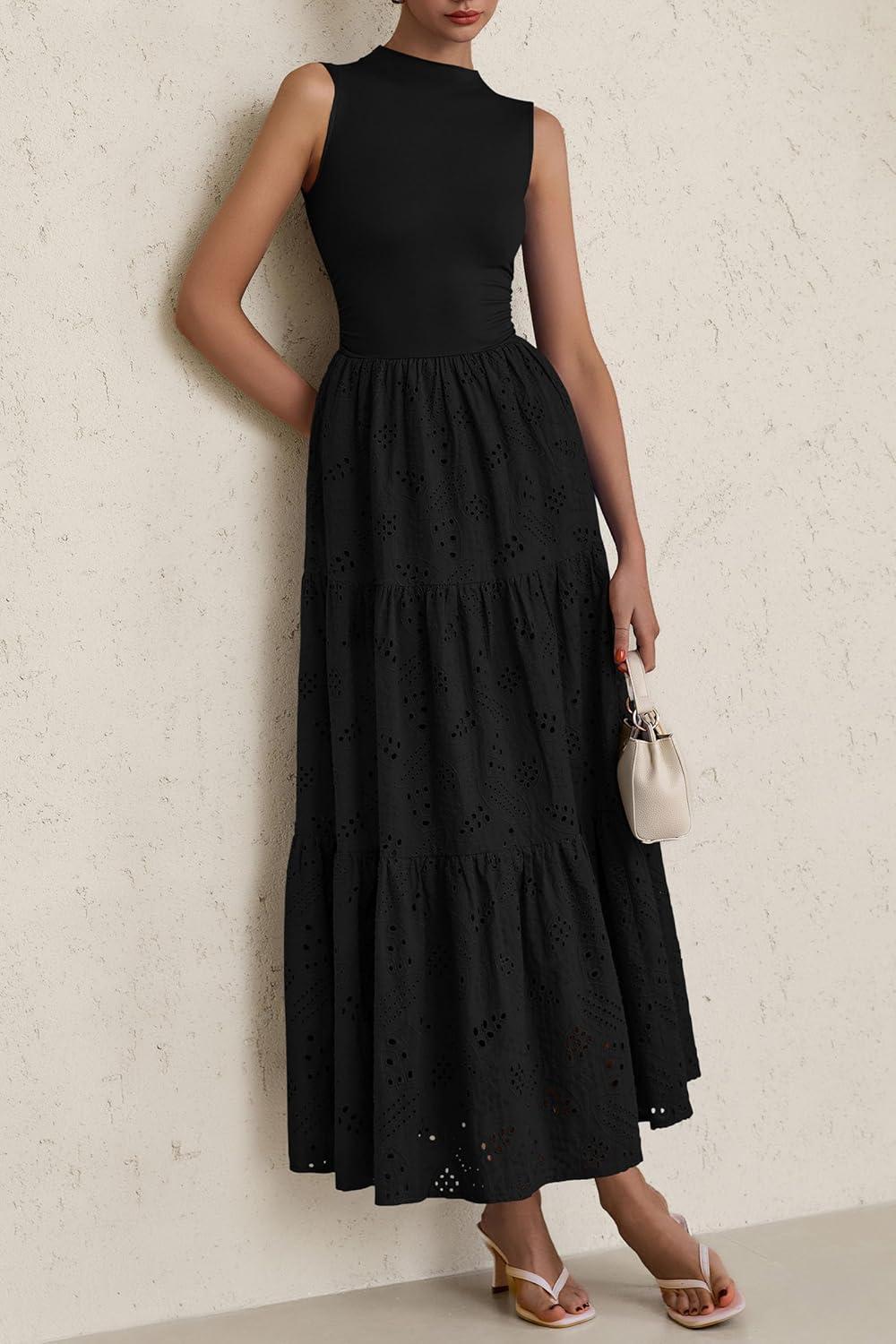 imagePRETTYGARDEN Summer Dresses for Women 2026 Casual Eyelet Sleeveless Wedding Guest Maxi Dress Tank Top Sundress with PocketsBlack