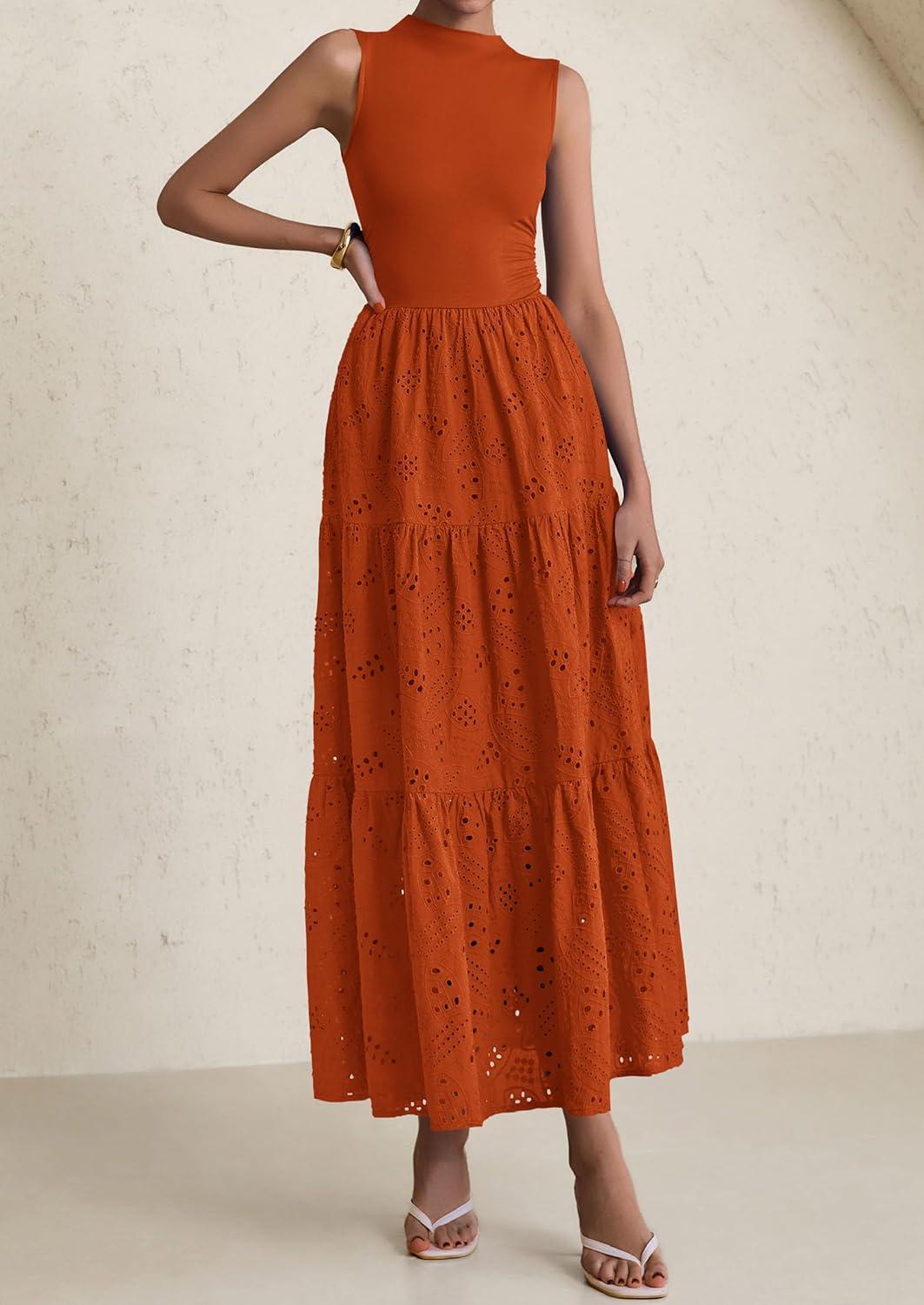 imagePRETTYGARDEN Summer Dresses for Women 2026 Casual Eyelet Sleeveless Wedding Guest Maxi Dress Tank Top Sundress with PocketsBrick Red