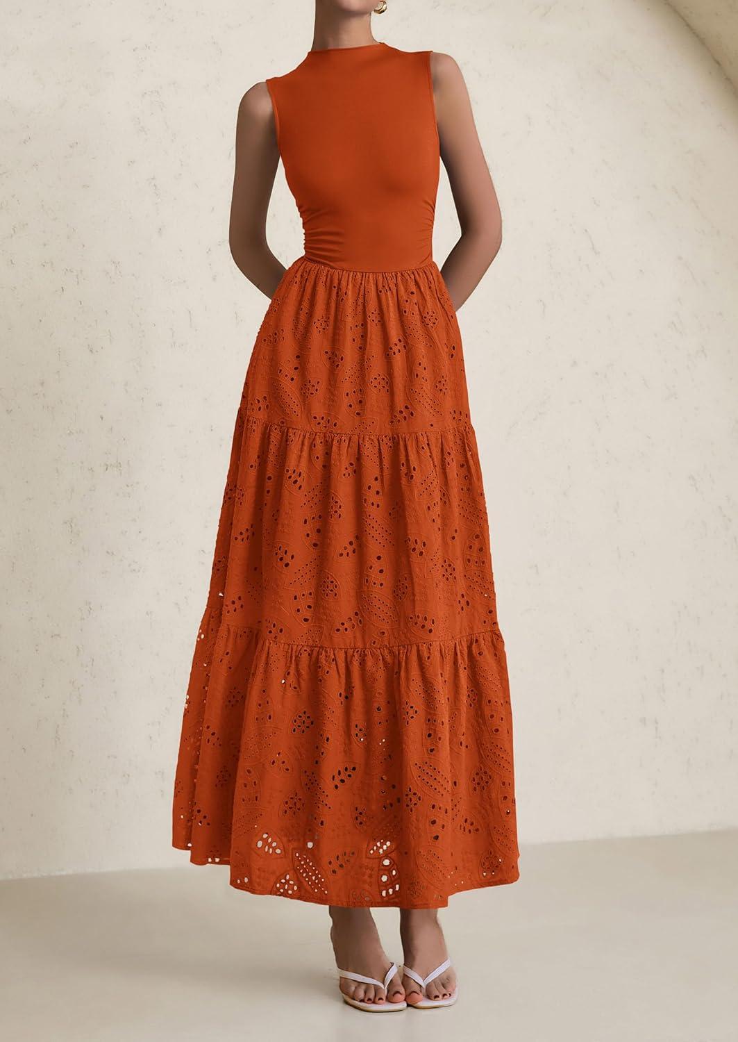 imagePRETTYGARDEN Summer Dresses for Women 2026 Casual Eyelet Sleeveless Wedding Guest Maxi Dress Tank Top Sundress with PocketsBrick Red