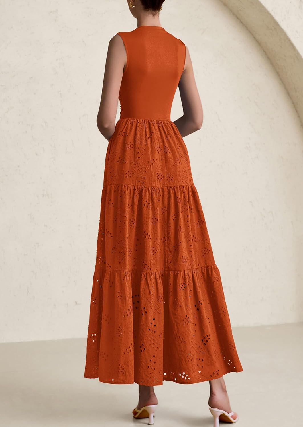 imagePRETTYGARDEN Summer Dresses for Women 2026 Casual Eyelet Sleeveless Wedding Guest Maxi Dress Tank Top Sundress with PocketsBrick Red
