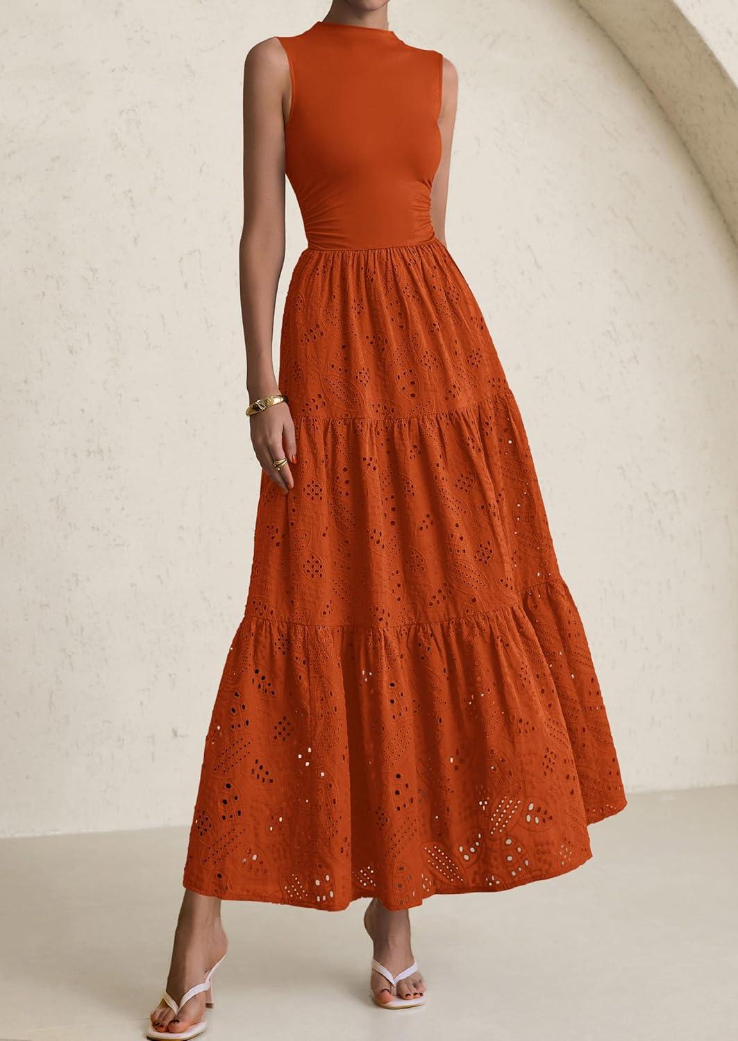imagePRETTYGARDEN Summer Dresses for Women 2026 Casual Eyelet Sleeveless Wedding Guest Maxi Dress Tank Top Sundress with PocketsBrick Red