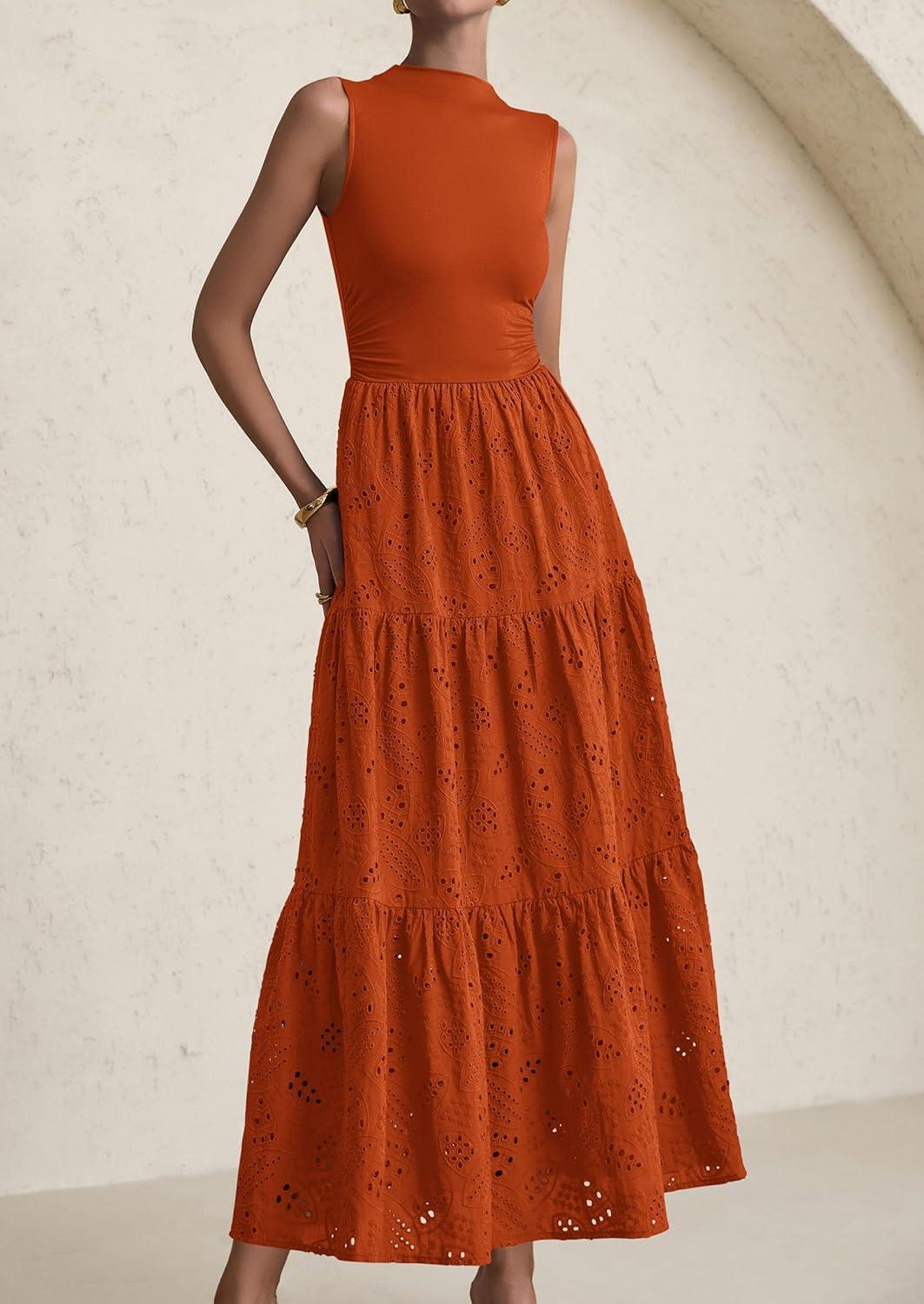 imagePRETTYGARDEN Summer Dresses for Women 2026 Casual Eyelet Sleeveless Wedding Guest Maxi Dress Tank Top Sundress with PocketsBrick Red
