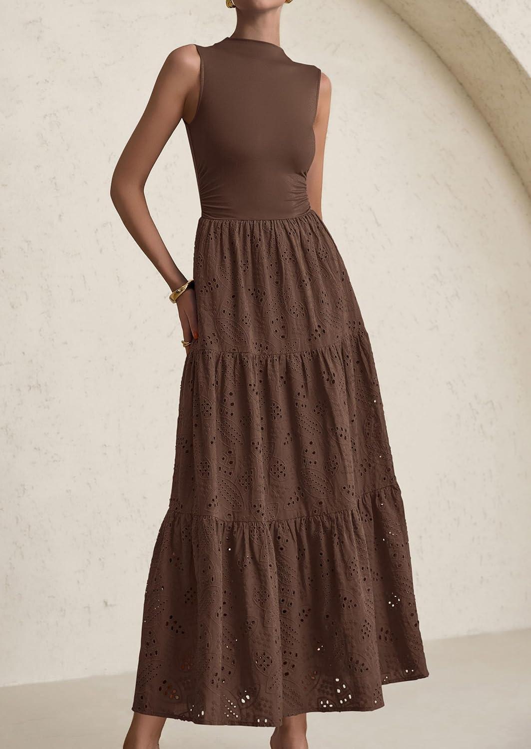 imagePRETTYGARDEN Summer Dresses for Women 2026 Casual Eyelet Sleeveless Wedding Guest Maxi Dress Tank Top Sundress with PocketsBrown