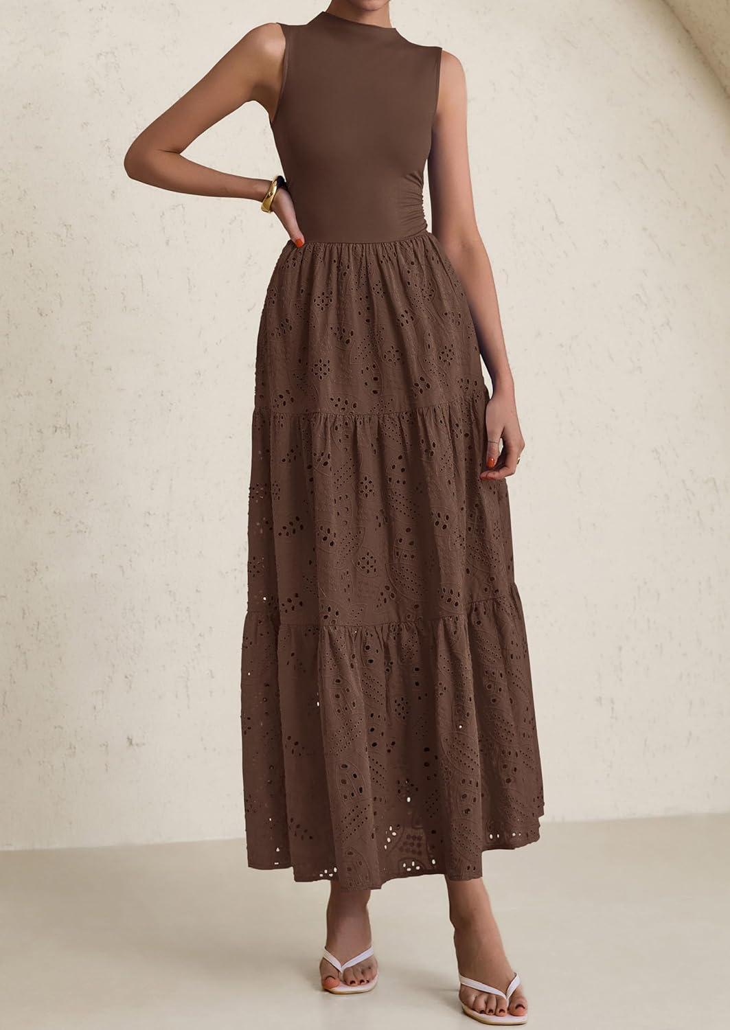 imagePRETTYGARDEN Summer Dresses for Women 2026 Casual Eyelet Sleeveless Wedding Guest Maxi Dress Tank Top Sundress with PocketsBrown