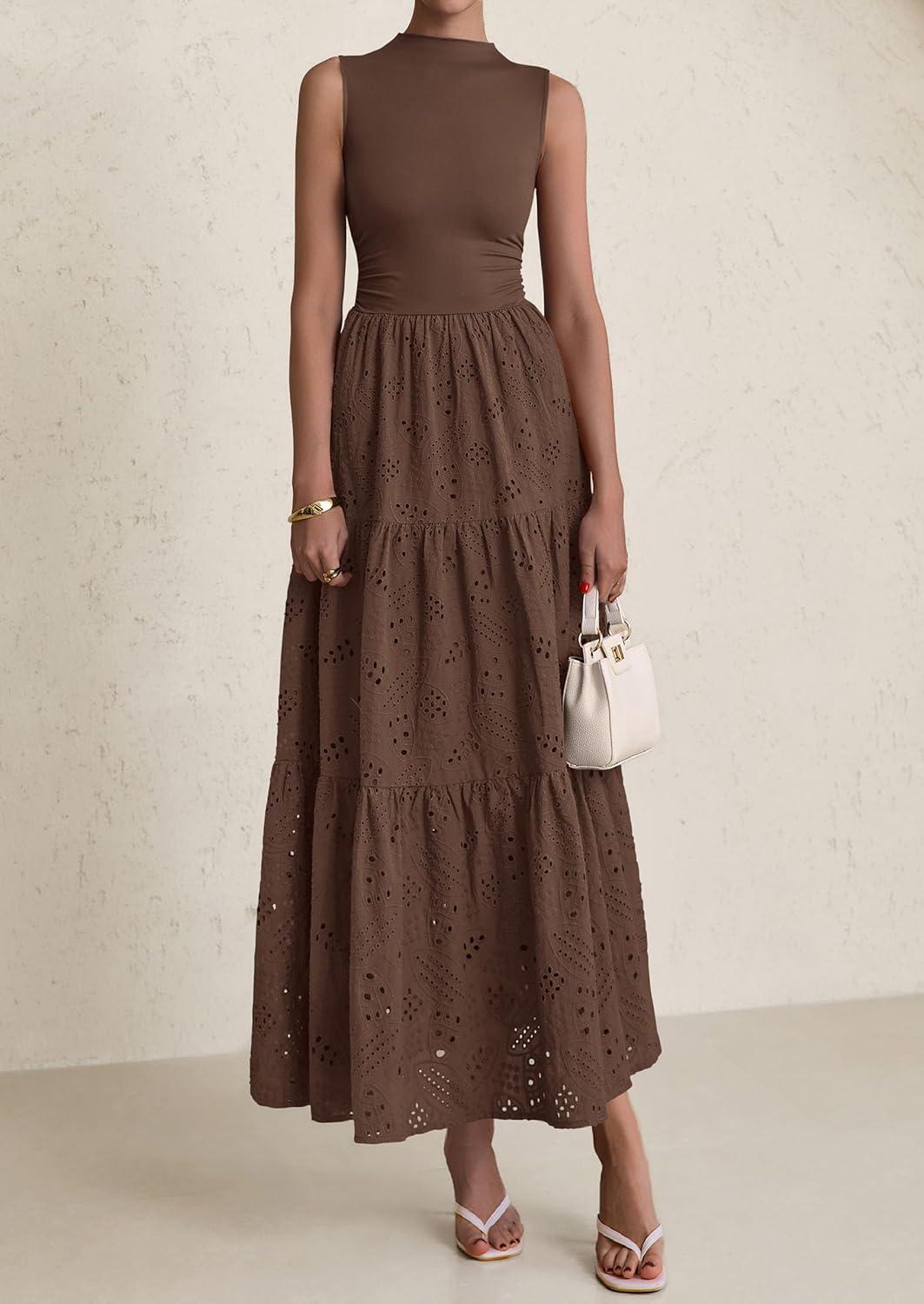 imagePRETTYGARDEN Summer Dresses for Women 2026 Casual Eyelet Sleeveless Wedding Guest Maxi Dress Tank Top Sundress with PocketsBrown