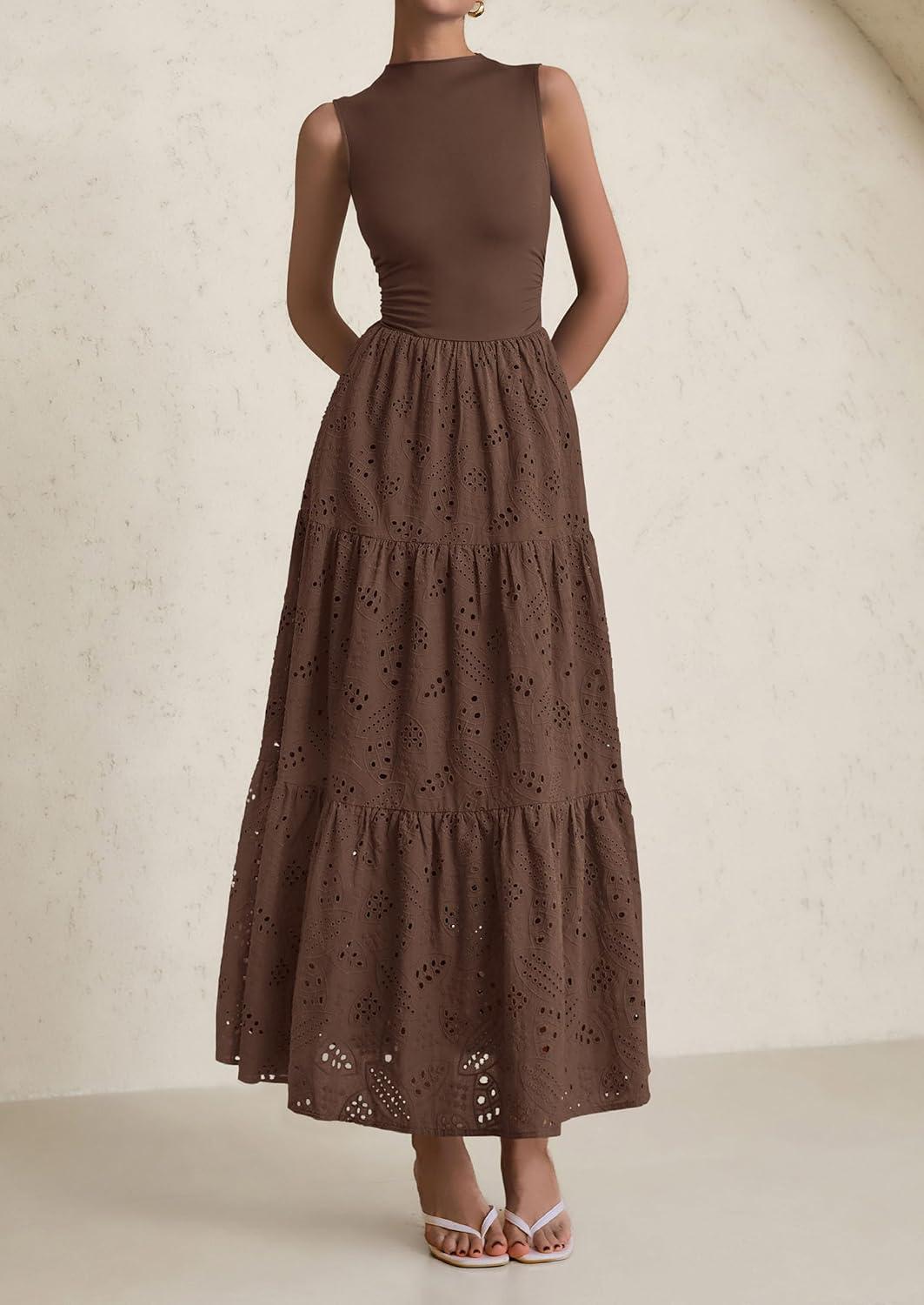 imagePRETTYGARDEN Summer Dresses for Women 2026 Casual Eyelet Sleeveless Wedding Guest Maxi Dress Tank Top Sundress with PocketsBrown