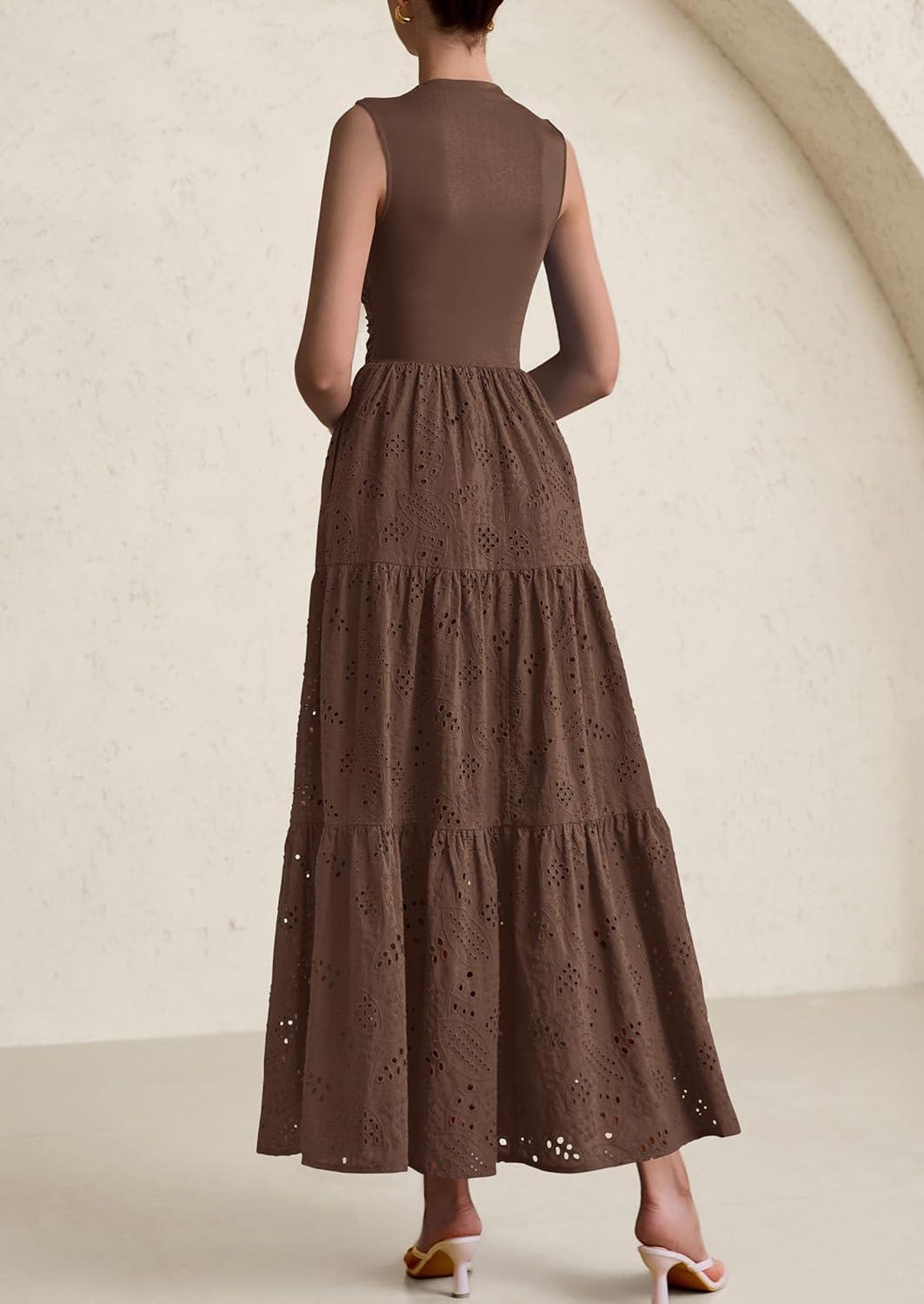imagePRETTYGARDEN Summer Dresses for Women 2026 Casual Eyelet Sleeveless Wedding Guest Maxi Dress Tank Top Sundress with PocketsBrown