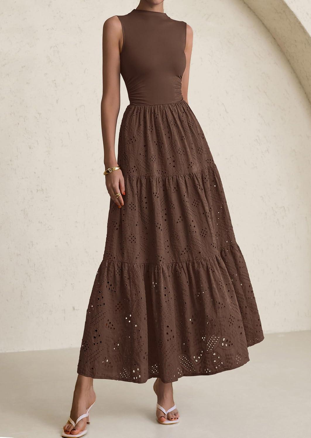 imagePRETTYGARDEN Summer Dresses for Women 2026 Casual Eyelet Sleeveless Wedding Guest Maxi Dress Tank Top Sundress with PocketsBrown