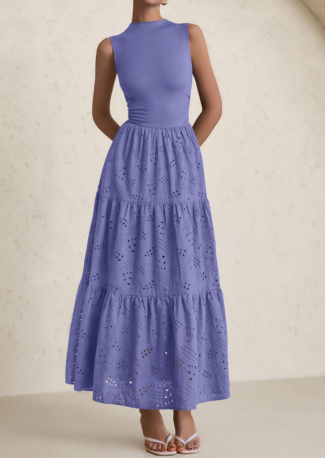 imagePRETTYGARDEN Summer Dresses for Women 2026 Casual Eyelet Sleeveless Wedding Guest Maxi Dress Tank Top Sundress with PocketsDark Blue