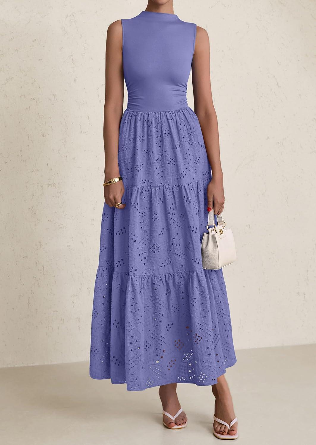 imagePRETTYGARDEN Summer Dresses for Women 2026 Casual Eyelet Sleeveless Wedding Guest Maxi Dress Tank Top Sundress with PocketsDark Blue