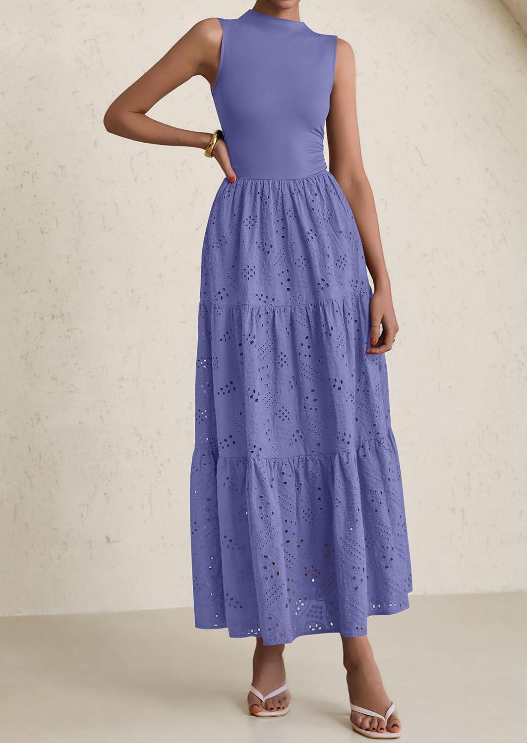imagePRETTYGARDEN Summer Dresses for Women 2026 Casual Eyelet Sleeveless Wedding Guest Maxi Dress Tank Top Sundress with PocketsDark Blue
