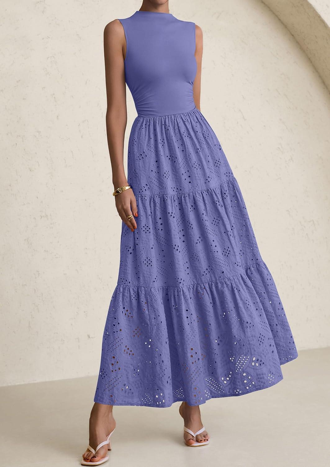 imagePRETTYGARDEN Summer Dresses for Women 2026 Casual Eyelet Sleeveless Wedding Guest Maxi Dress Tank Top Sundress with PocketsDark Blue