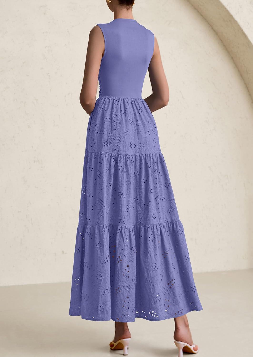 imagePRETTYGARDEN Summer Dresses for Women 2026 Casual Eyelet Sleeveless Wedding Guest Maxi Dress Tank Top Sundress with PocketsDark Blue