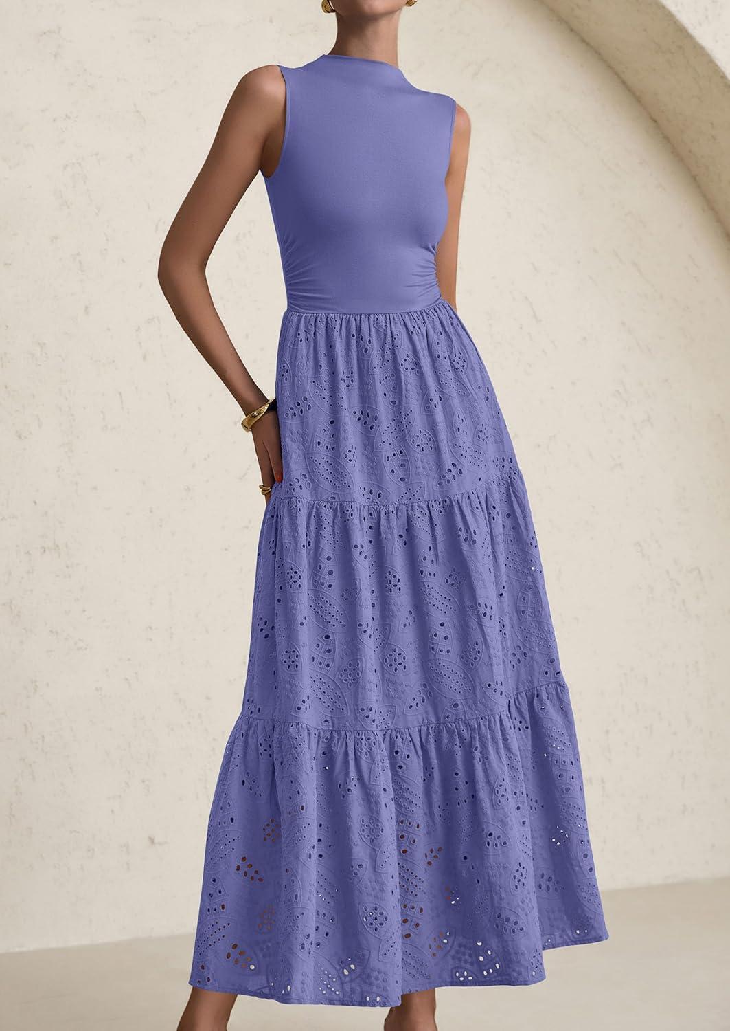 imagePRETTYGARDEN Summer Dresses for Women 2026 Casual Eyelet Sleeveless Wedding Guest Maxi Dress Tank Top Sundress with PocketsDark Blue