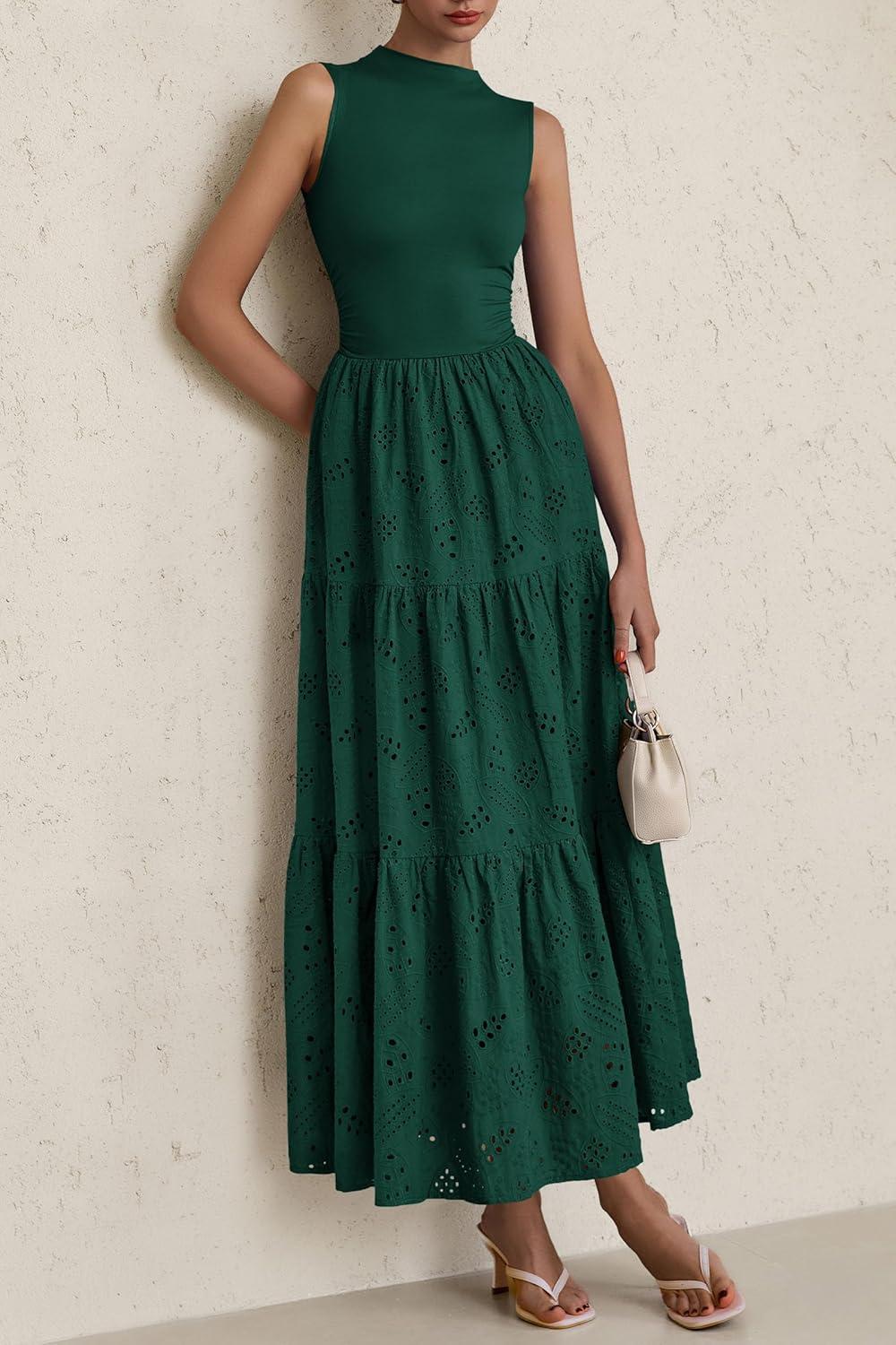 imagePRETTYGARDEN Summer Dresses for Women 2026 Casual Eyelet Sleeveless Wedding Guest Maxi Dress Tank Top Sundress with PocketsDark Green