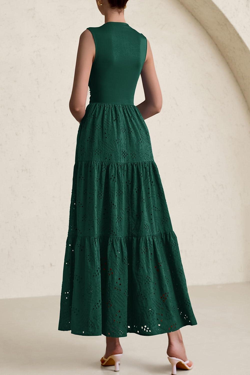 imagePRETTYGARDEN Summer Dresses for Women 2026 Casual Eyelet Sleeveless Wedding Guest Maxi Dress Tank Top Sundress with PocketsDark Green