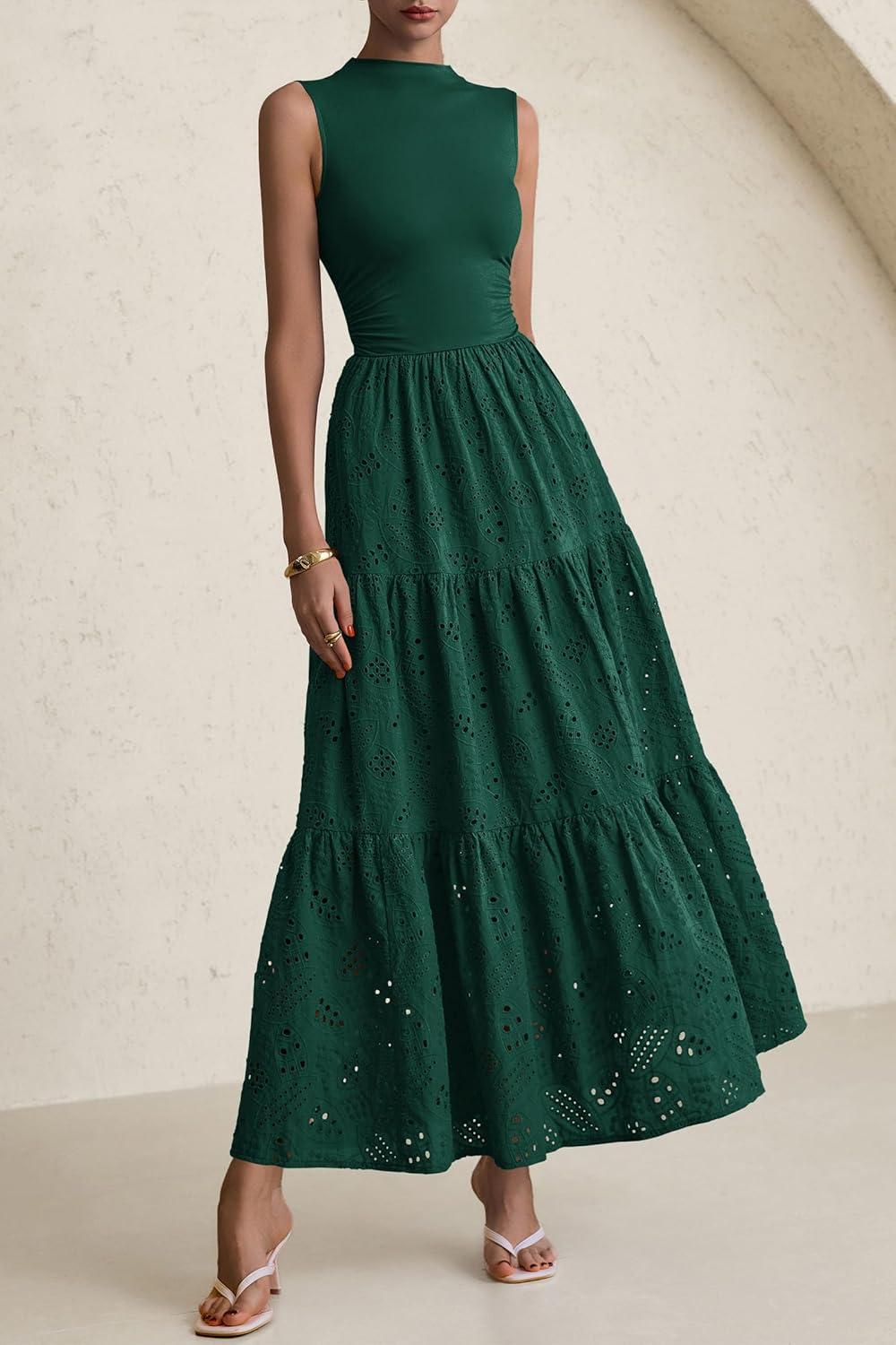 imagePRETTYGARDEN Summer Dresses for Women 2026 Casual Eyelet Sleeveless Wedding Guest Maxi Dress Tank Top Sundress with PocketsDark Green