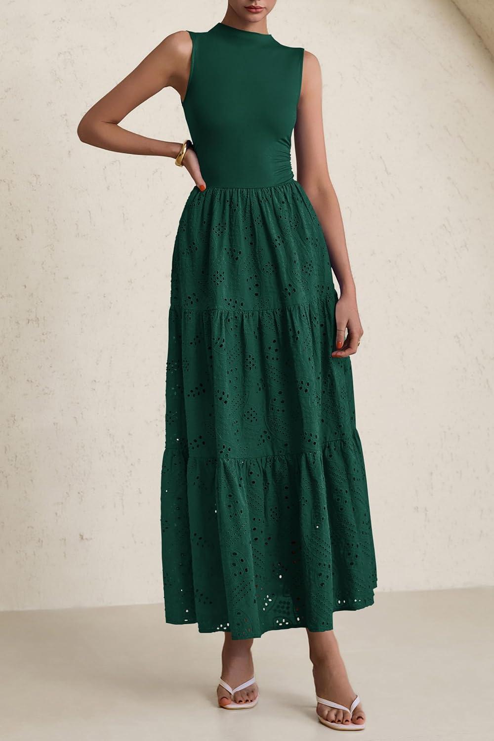 imagePRETTYGARDEN Summer Dresses for Women 2026 Casual Eyelet Sleeveless Wedding Guest Maxi Dress Tank Top Sundress with PocketsDark Green