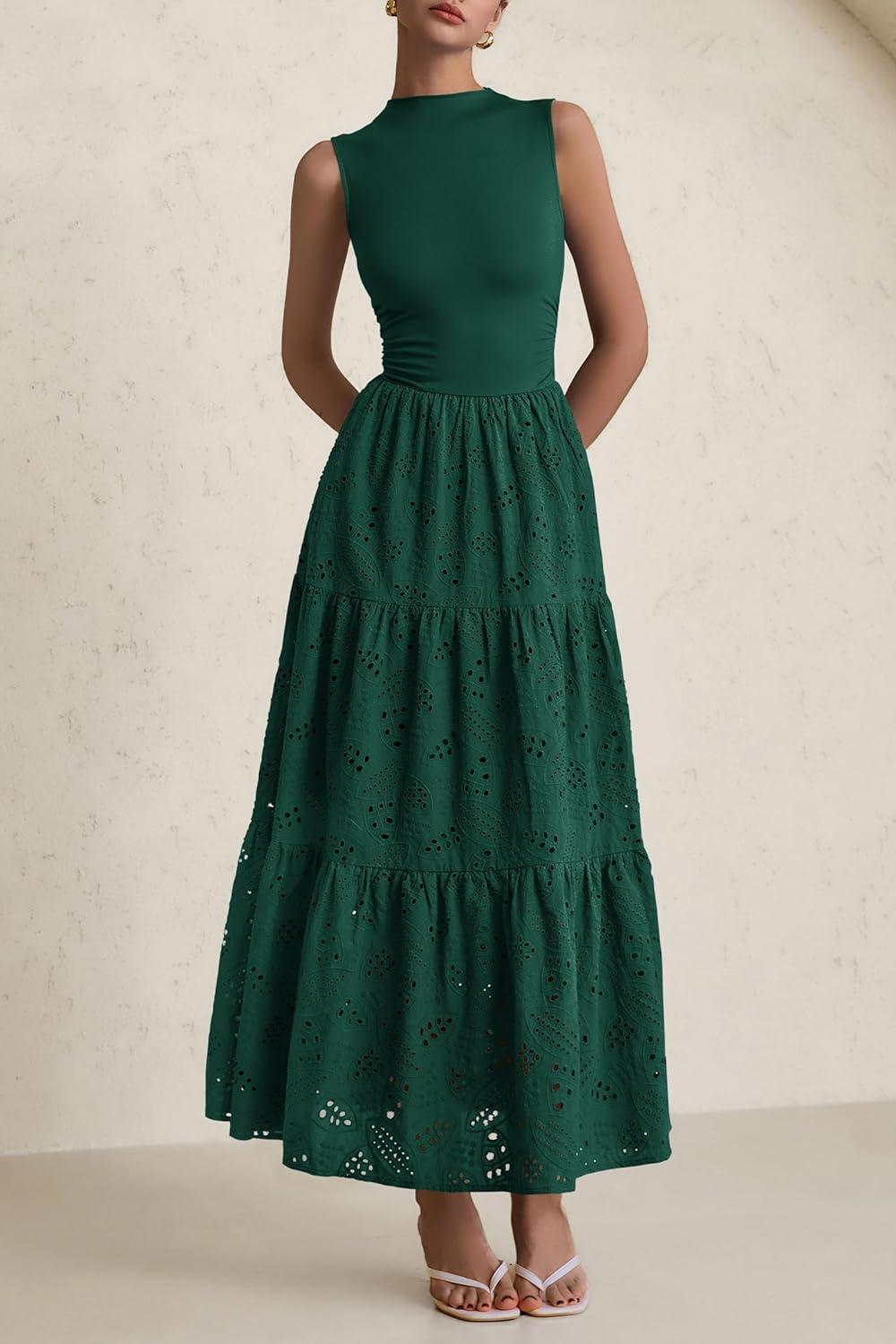 imagePRETTYGARDEN Summer Dresses for Women 2026 Casual Eyelet Sleeveless Wedding Guest Maxi Dress Tank Top Sundress with PocketsDark Green