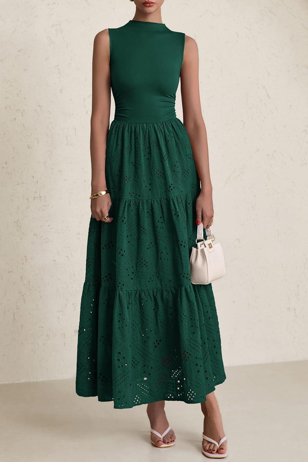 imagePRETTYGARDEN Summer Dresses for Women 2026 Casual Eyelet Sleeveless Wedding Guest Maxi Dress Tank Top Sundress with PocketsDark Green