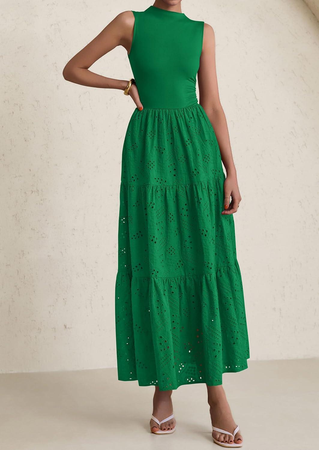 imagePRETTYGARDEN Summer Dresses for Women 2026 Casual Eyelet Sleeveless Wedding Guest Maxi Dress Tank Top Sundress with PocketsEmerald Green
