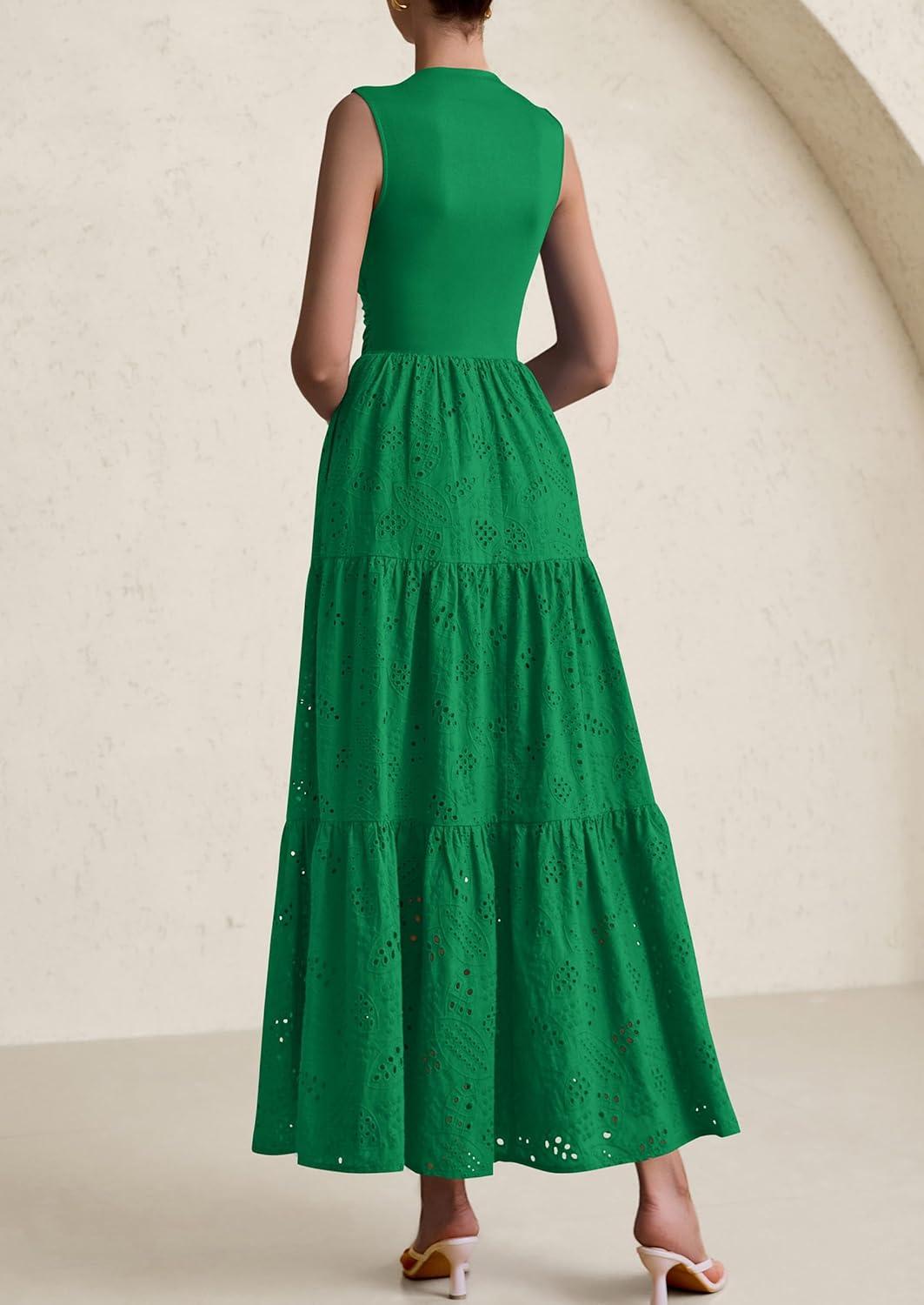 imagePRETTYGARDEN Summer Dresses for Women 2026 Casual Eyelet Sleeveless Wedding Guest Maxi Dress Tank Top Sundress with PocketsEmerald Green