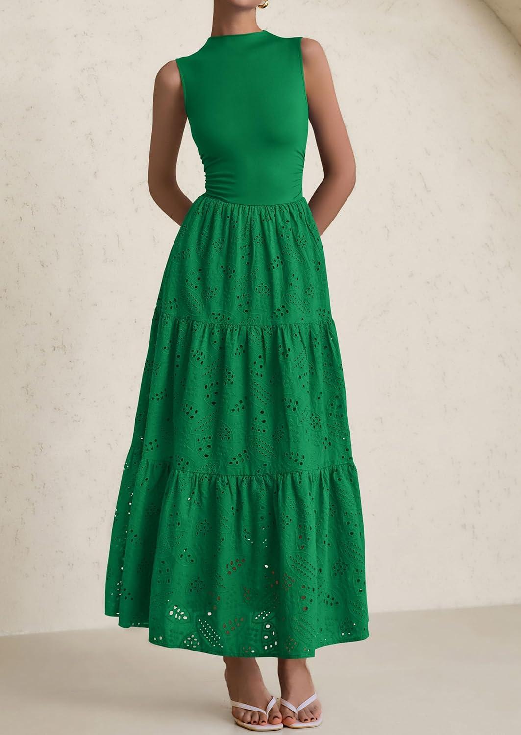 imagePRETTYGARDEN Summer Dresses for Women 2026 Casual Eyelet Sleeveless Wedding Guest Maxi Dress Tank Top Sundress with PocketsEmerald Green
