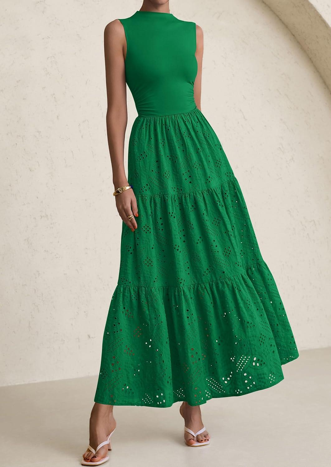 imagePRETTYGARDEN Summer Dresses for Women 2026 Casual Eyelet Sleeveless Wedding Guest Maxi Dress Tank Top Sundress with PocketsEmerald Green