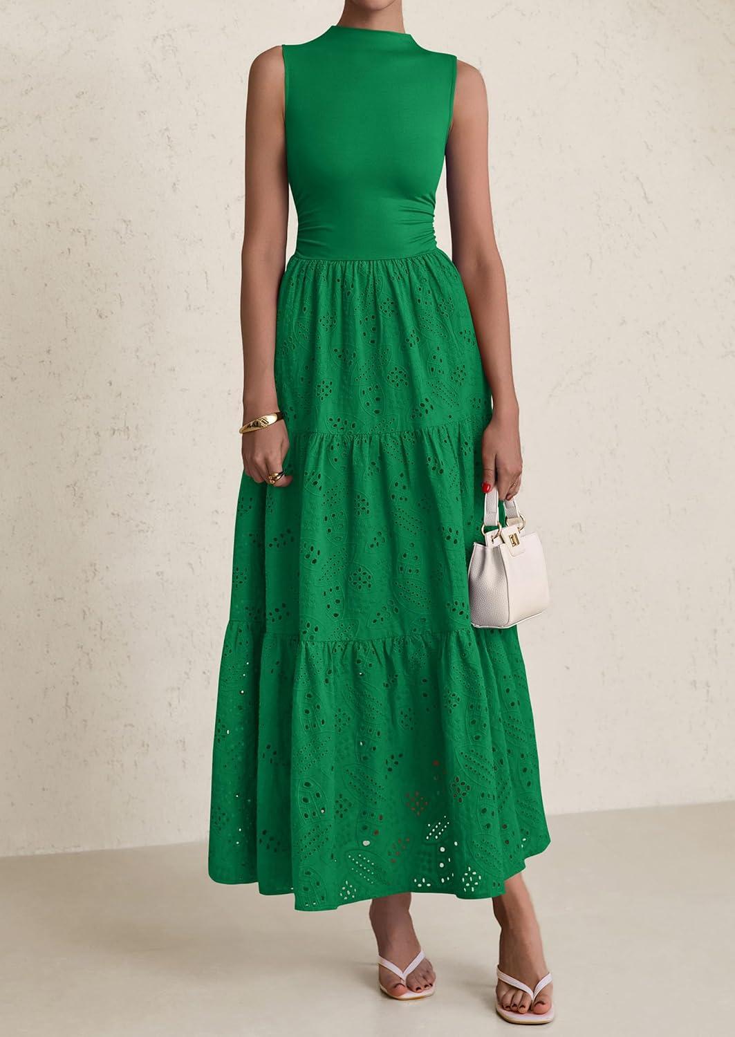 imagePRETTYGARDEN Summer Dresses for Women 2026 Casual Eyelet Sleeveless Wedding Guest Maxi Dress Tank Top Sundress with PocketsEmerald Green