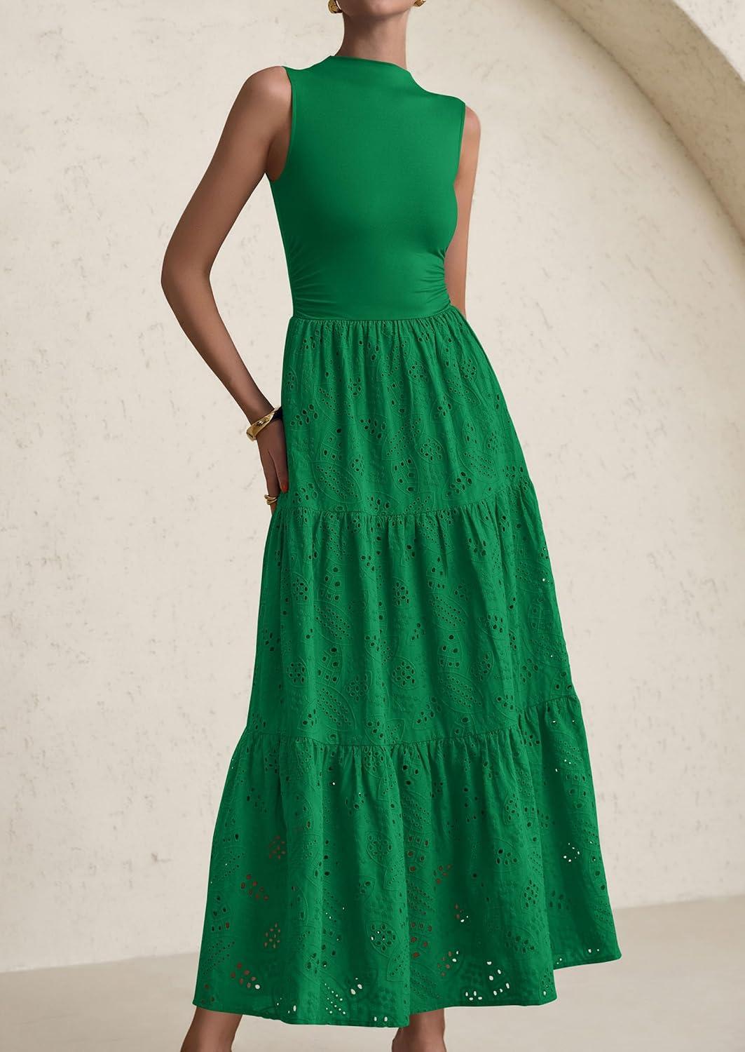 imagePRETTYGARDEN Summer Dresses for Women 2026 Casual Eyelet Sleeveless Wedding Guest Maxi Dress Tank Top Sundress with PocketsEmerald Green
