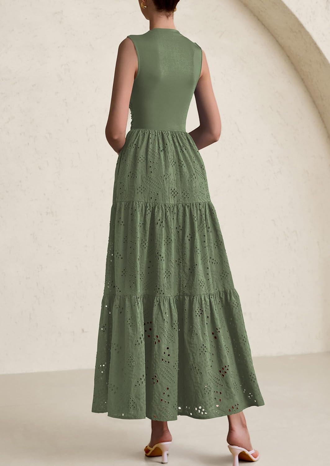 imagePRETTYGARDEN Summer Dresses for Women 2026 Casual Eyelet Sleeveless Wedding Guest Maxi Dress Tank Top Sundress with PocketsGreen